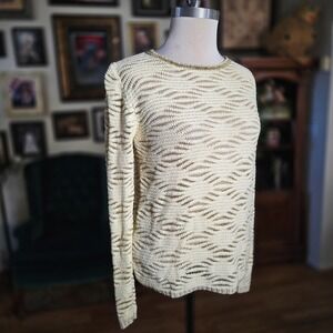 NAVI Cream Gold Metallic Knit Wavy Pattern Long‎ Sleeve Sweater Pullover Top